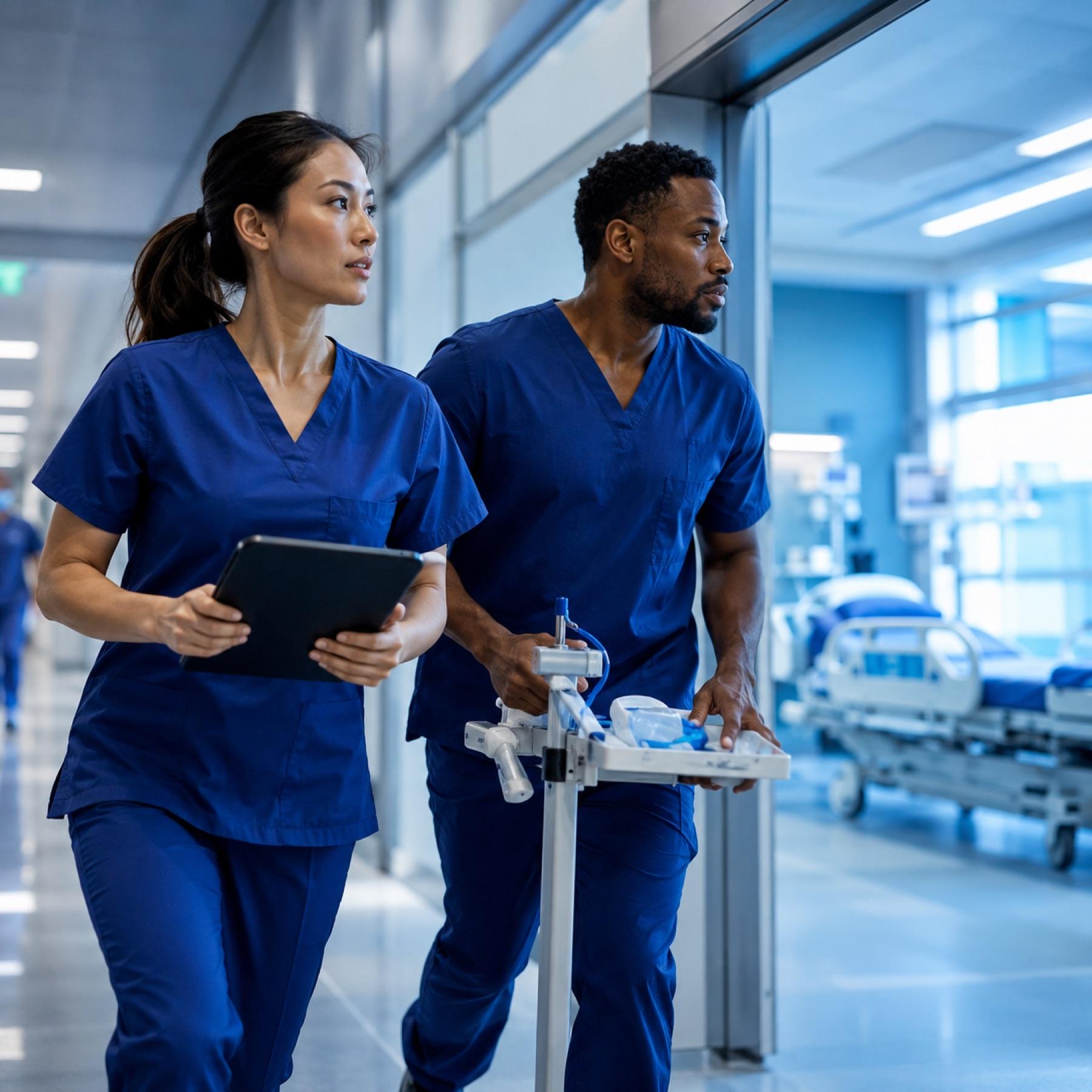 Two nurses moving quickly through a hospital corridor to cover an urgent need