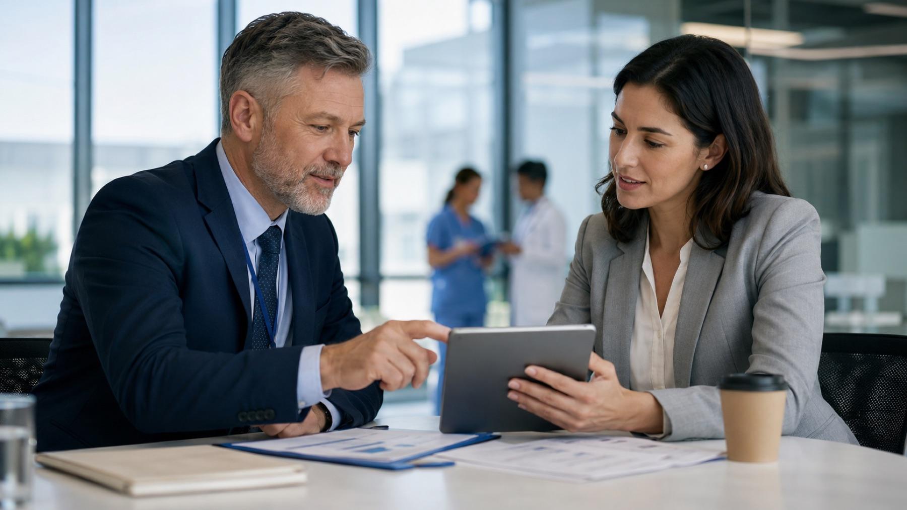 A staffing advisor and facility leader reviewing a workforce plan
