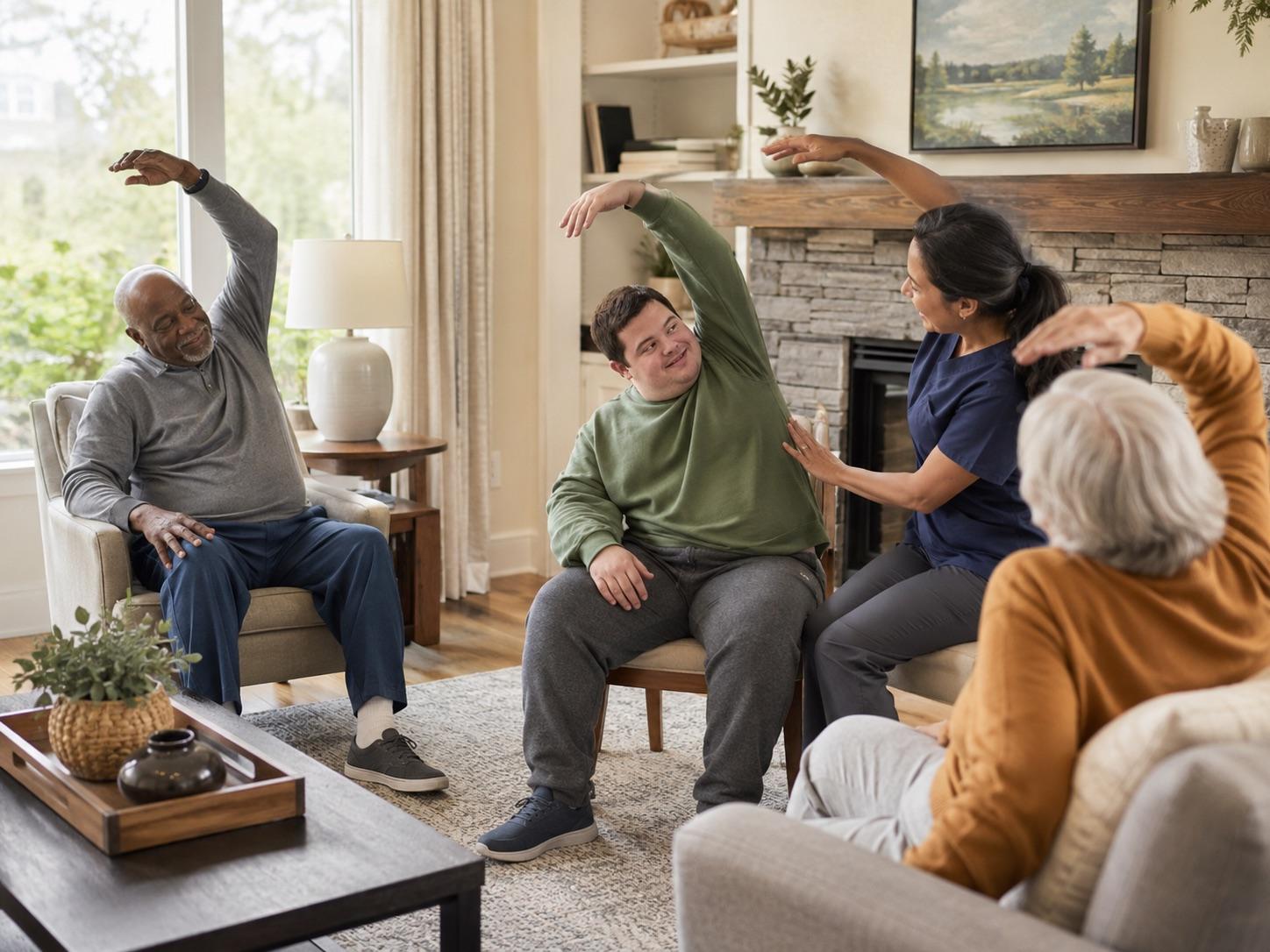 A healthcare professional leading a group activity with confidence